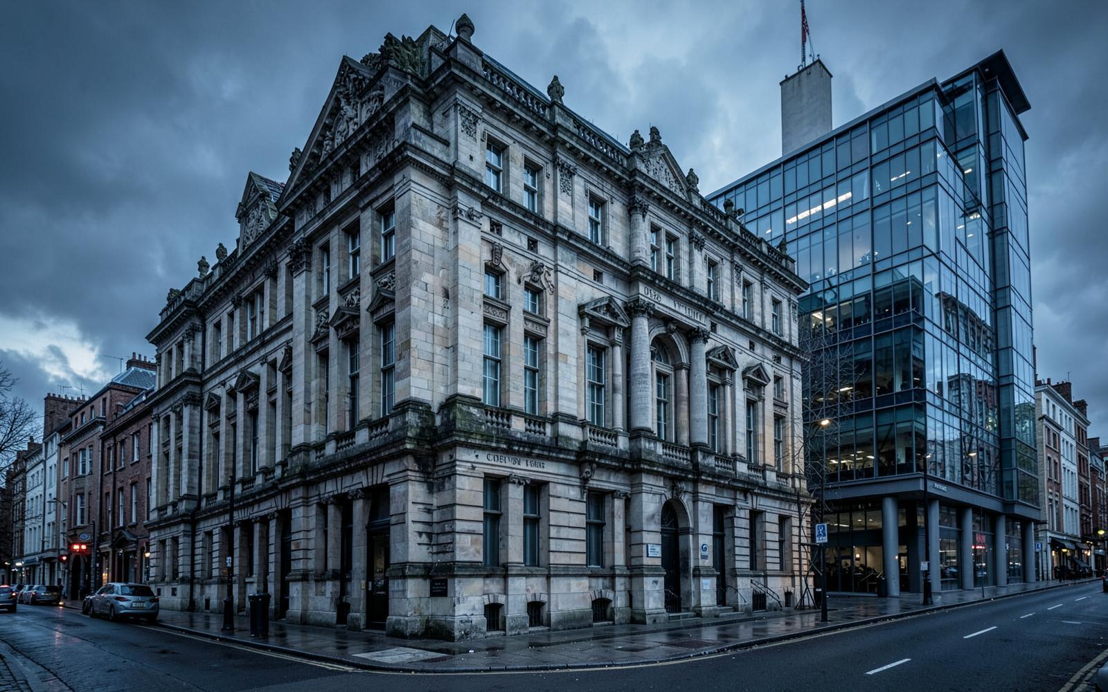 Stone Edwardian office building beside a modern glass commercial building in Liverpool