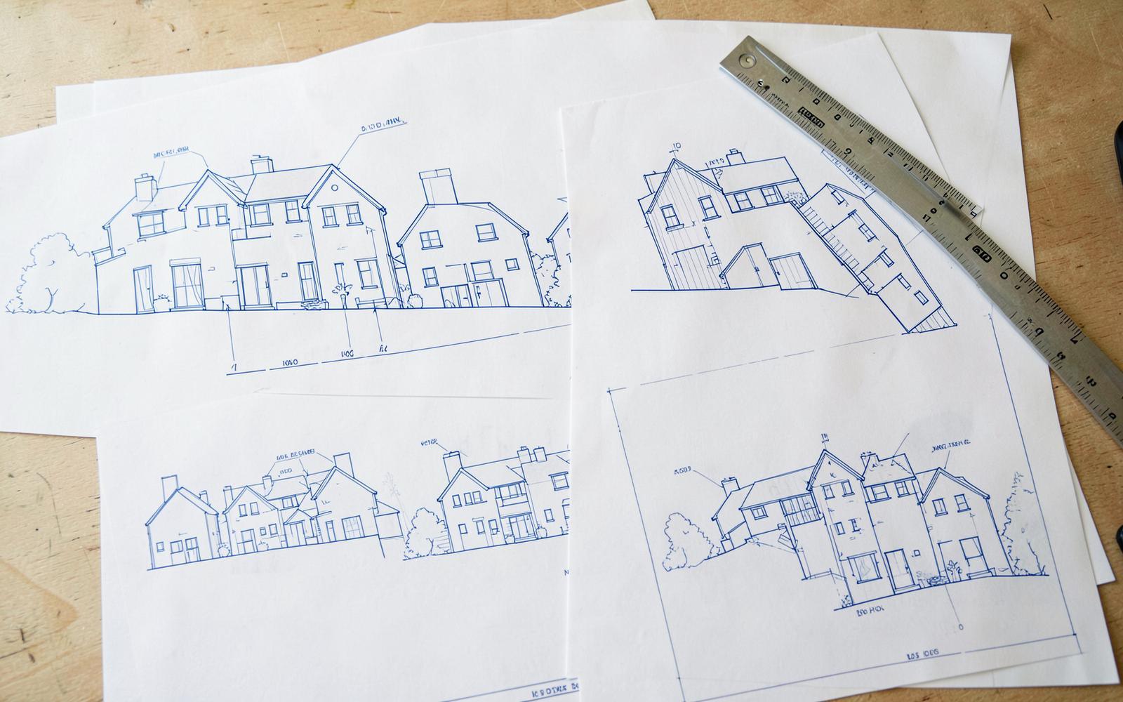 Architectural elevation drawings of British houses on a drafting table