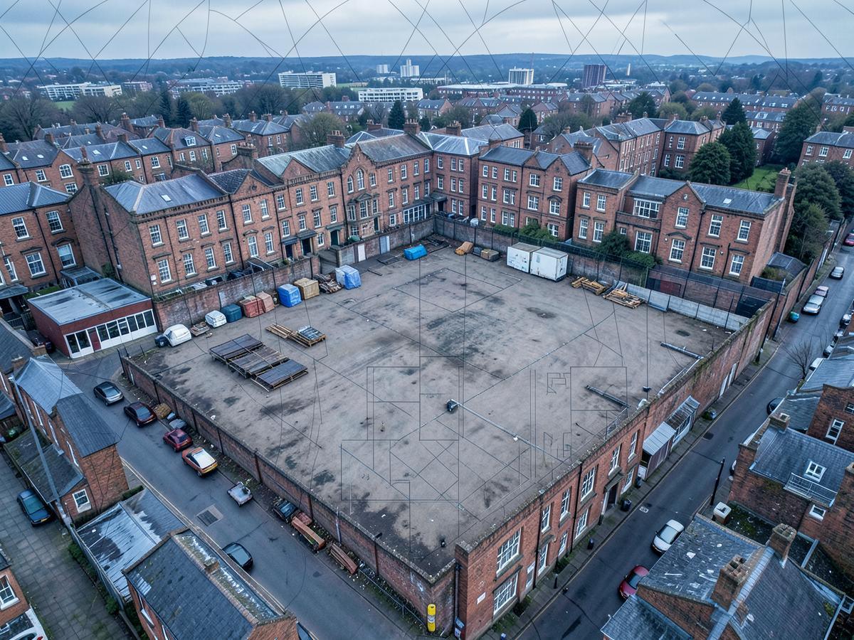 Aerial view of a vacant development site surrounded by Victorian buildings