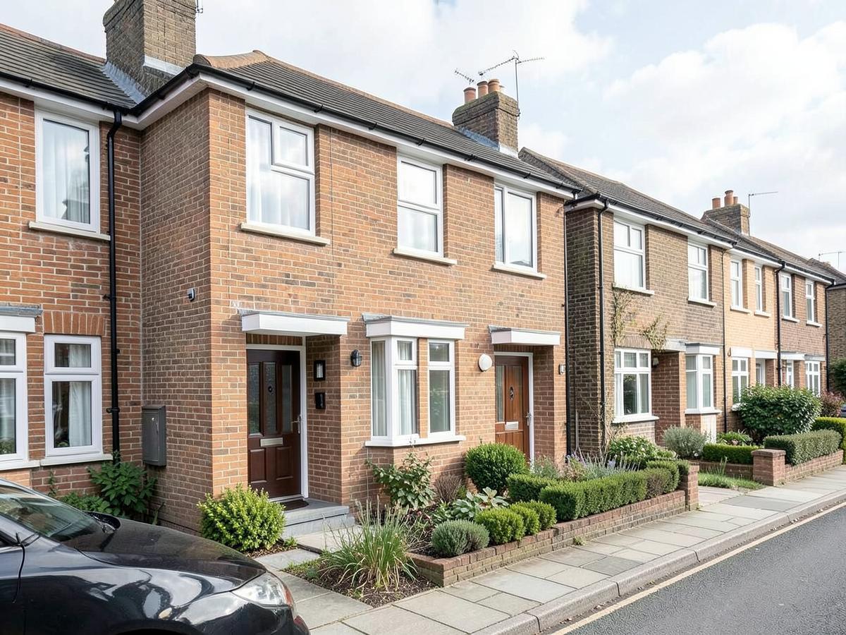 Modern brick terraced houses in a British suburban street