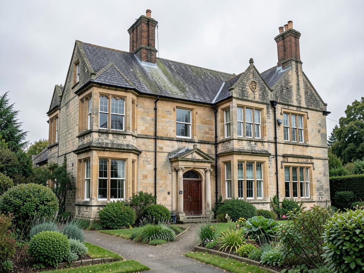Large Victorian stone villa with ornate window surrounds