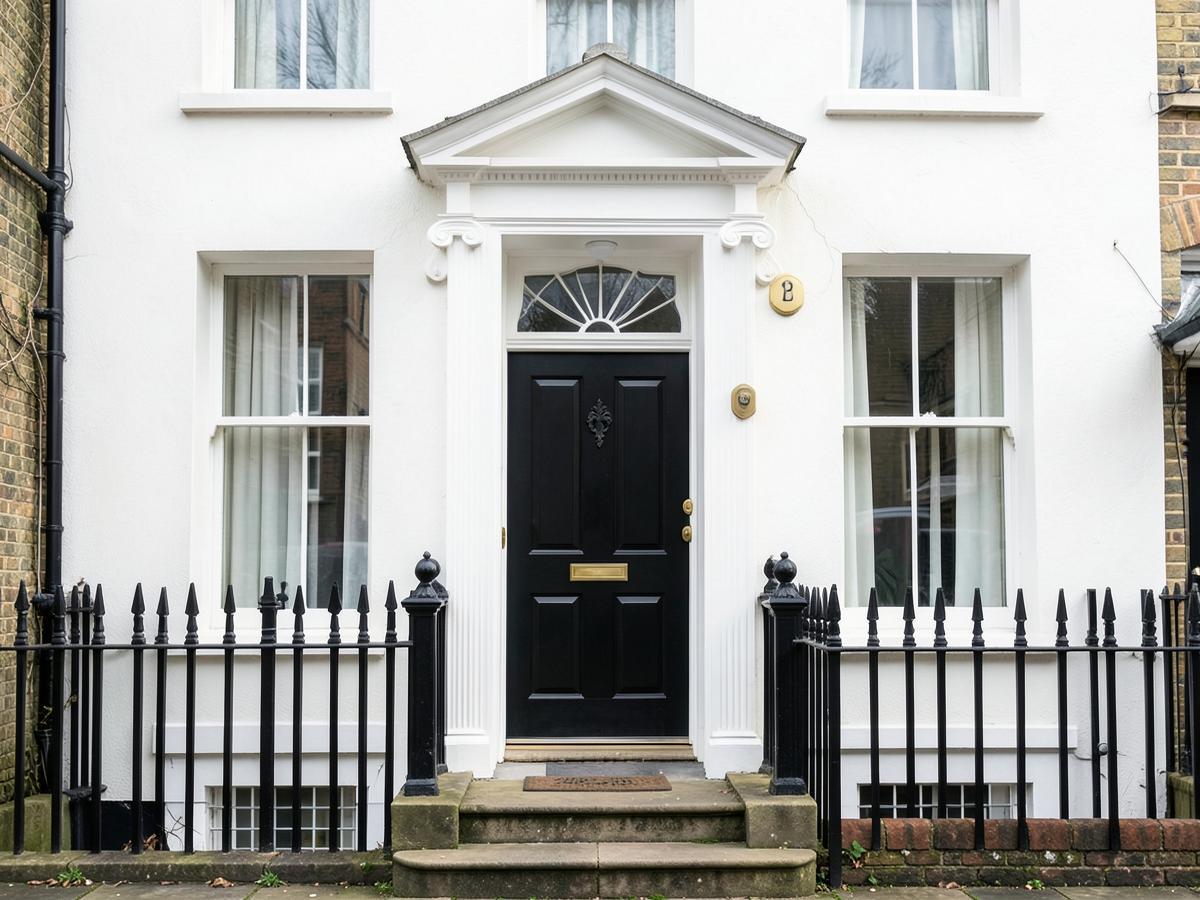 Georgian townhouse front door with fanlight and iron railings